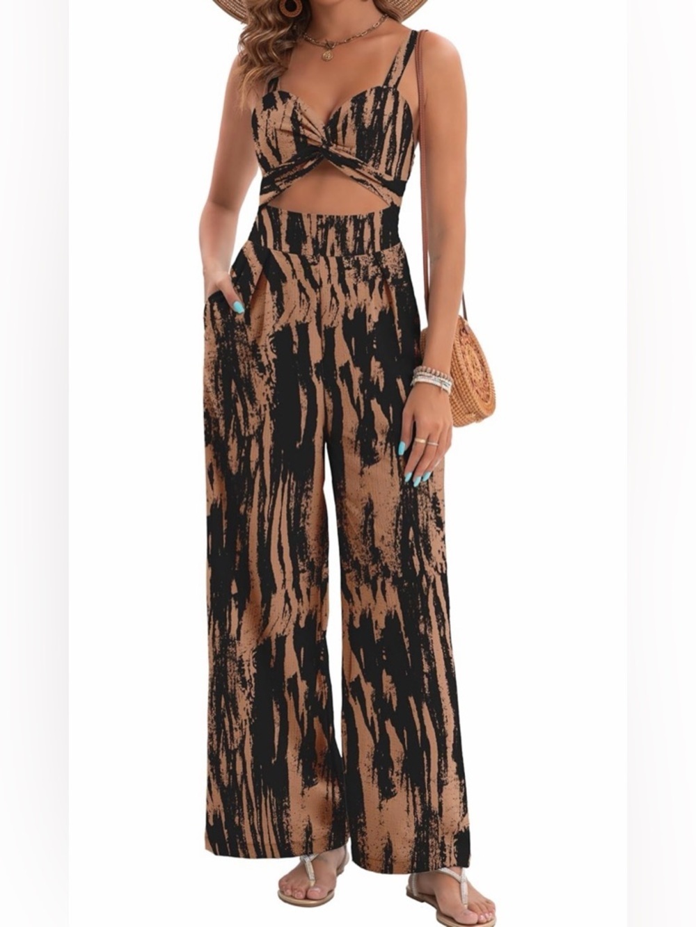 🆕 Dressy Sexy V Neck Twist One Piece Outfits Sleeveless Wide Leg Jumpsuit